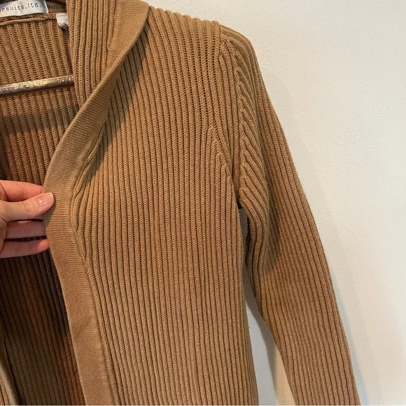 Pursuits Heavy Ribbed Knit Cotton Open Front Duster Sweater Cardigan Brown - Picture 2 of 8